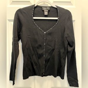 August Silk Petite Stretch Black Button Down Cardigan with Sequin Beaded V-Neck